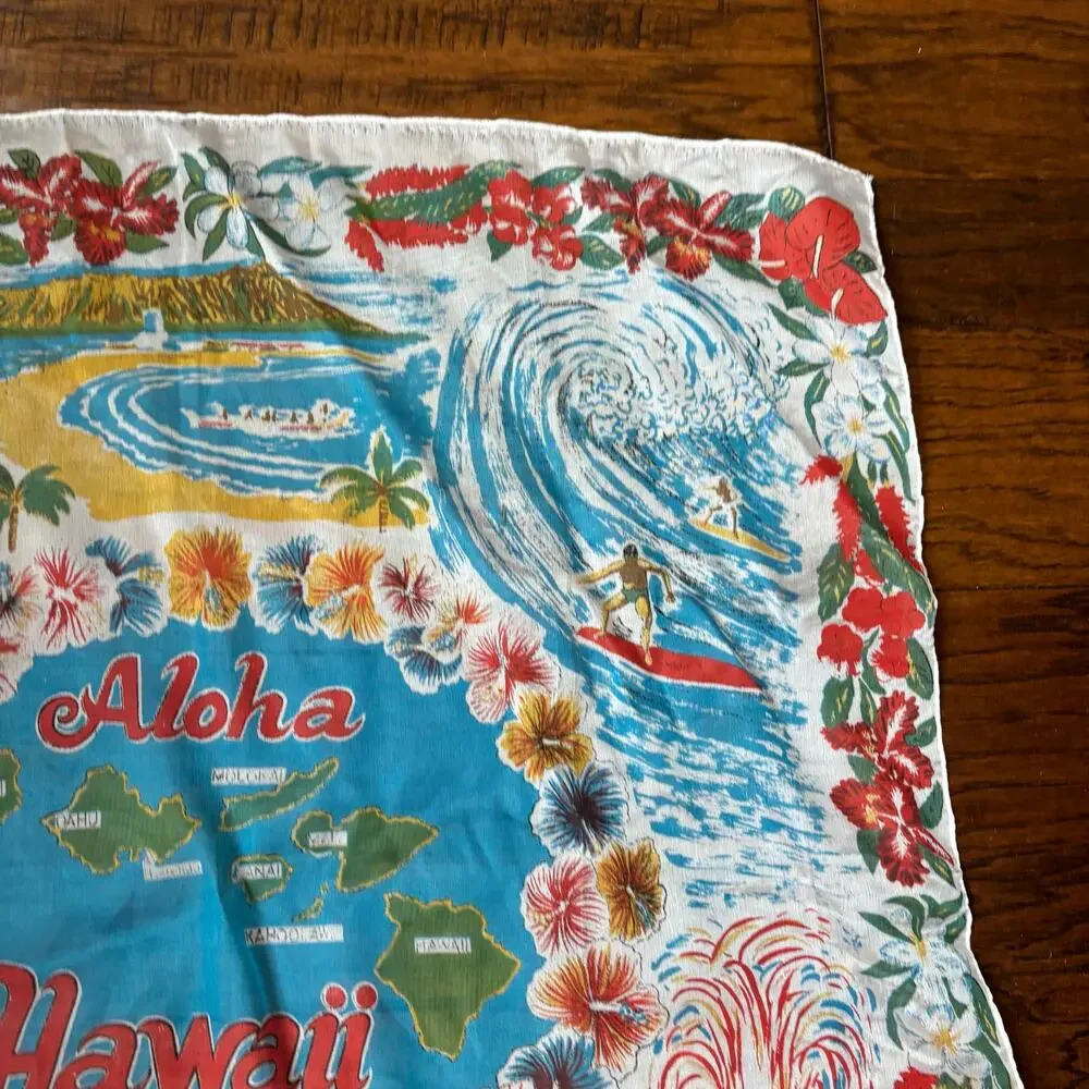 Vtg Hawaii Souvenir Scarf 50s 60s Aloha Map Volcano Surfing‎ Made in Japan